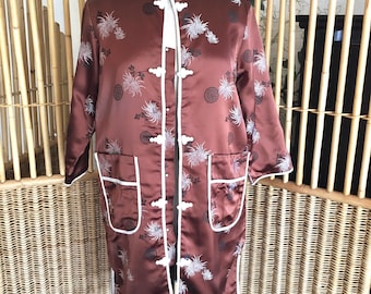 Vintage 60s Brown Satin Brocade Cheongsam Jacket with Chrysanthemums