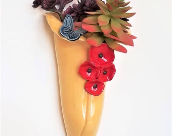 Ceramic Wall Planter - Succulent Planter - Succulent Pot - Hanging Planter - Butterfly - Garden Art - Poppy Vase - Pottery - Gift for Her