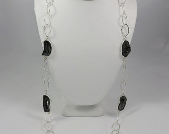 Black Onyx Druzy Sterling Silver Long Necklace