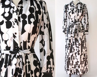 vintage 1970s Lanvin dress <> 1970s Lanvin maxi dress <> 70s black and white Lanvin shirtwaist dress <> geometric print Lanvin maxi dress