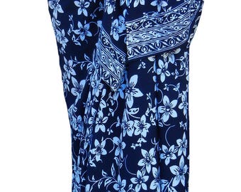 Plumeria Beach Sarong Skirt Batik Pareo Women's Clothing Wrap Skirt Beach Skirt or Dress Batik Sarong Cover Up - Navy Blue & White Pareo