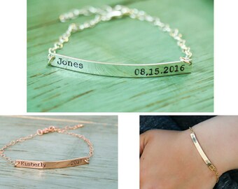 Personalized Silver Name Bracelet • Easter Basket Gift Gold Name Bracelet Custom Date Bracelet • Long Bar Date Name Bar Bridesmaid Gift