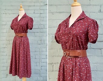1970s burgundy floral day dress / 70s red floral midi dress / 1970s cotton floral dress
