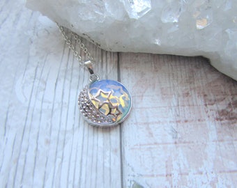 Opalite Stars And Moon Gemstone Pendant Necklace, Silver, Polished Stone