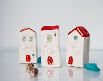 Mini HOUSES / Just Smile / Be Happy / Enjoy /Christmas Gift / Home Decor / Small House / Ceramic House with gold