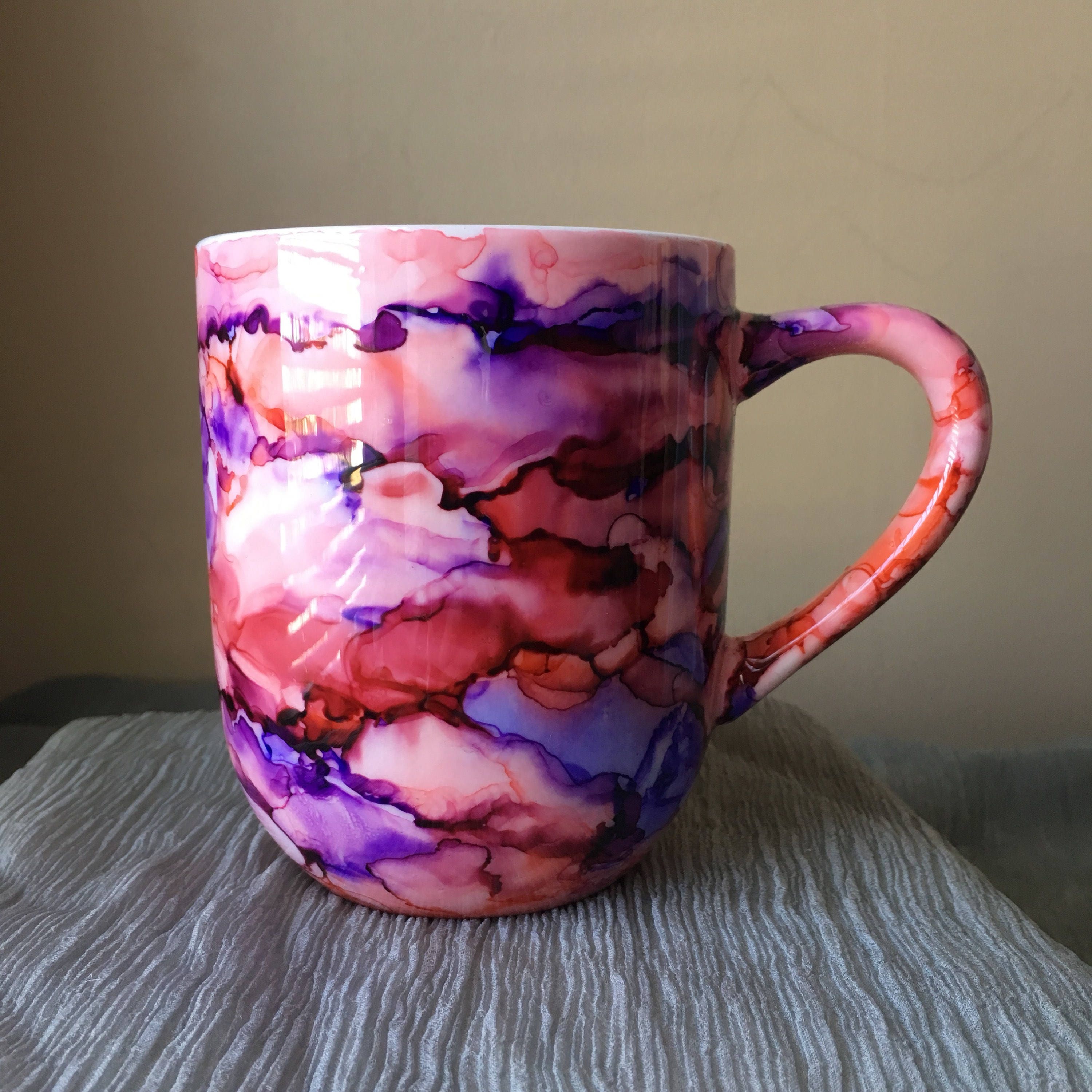 Hand Painted Mug Alcohol Ink Art Resin Art Coral and Purple