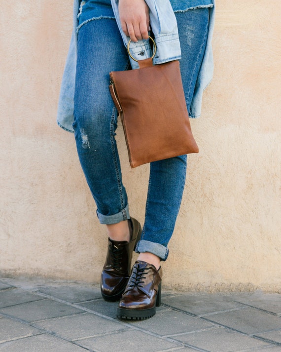 Brown - Hand Print Clutch with Embossed Leather Flap 04 main image 1