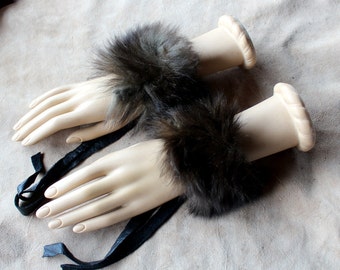 Fur bracelets - Pair of vintage silver fox fur bracelets or anklets with recycled leather straps for neotribal costume and festival wear