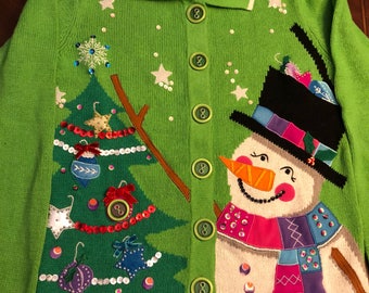Fabulous Vintage Ugly Christmas Cardigan Sweater, Snowman, Christmas Tree, Ornaments, Beads, Tacky, Woman's M-L, Clean!