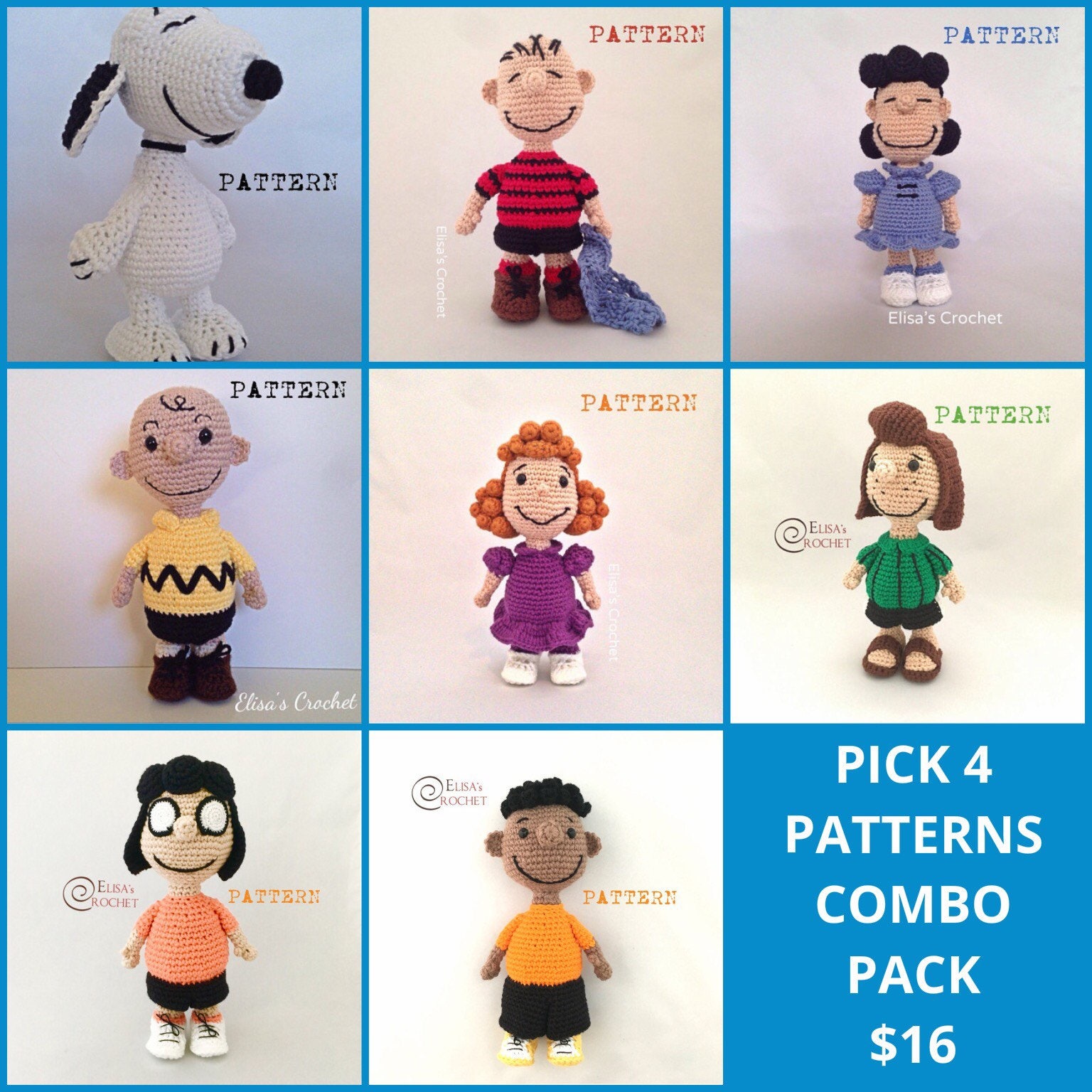 PEANUTS Crochet Pick 4 Patterns Combo Snoopy/Charlie