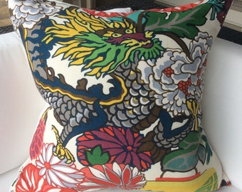 Schumacher Pillow Cover in Chiang Mai Dragon Alabaster Linen, Dragon Face