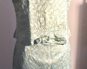 1950 Vintage Tailored dress brocade blue composed of top and skirt