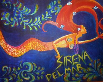 Handpainted mermaid in the water.