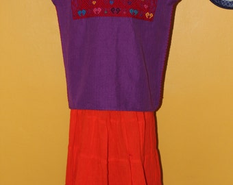 Cotton Hand embroidered Huipil Purple (3-4 Years)-Boho-Mexican Children's Clothing-Loom Fashion-Frida Kahlo-Toddler-Girls-Disney Coco-Fiesta