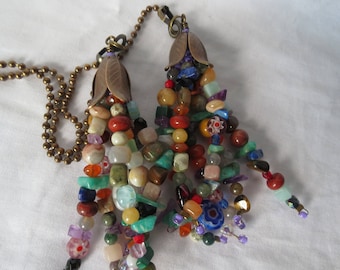 Fan Chain Pair for Ceiling Fan or Lamp with Multistone Beaded Fringe and Antiqued Brass Color Findings