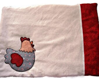Patchwork placemat or mug rug. Table decor. Cottage chic home decor. Beige and red hand appliqued placemat. Modern patchwork. Hand quilted