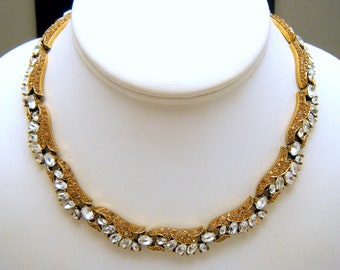 Stunning Uncommon Vintage Crown Trifari Necklace Lt Brown Clear Rhinestones