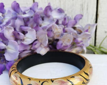70's Vintage Gypsy Boho Handpainted Gold Floral Ornate Bangle