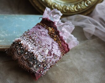 Delicate bohemian lace cuff bracelet Bead embroidered vintage textile cuff