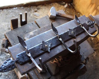 Hand Forged Wrought Iron Blacksmith Made Coat Rack Woodland Leaves and Flowers
