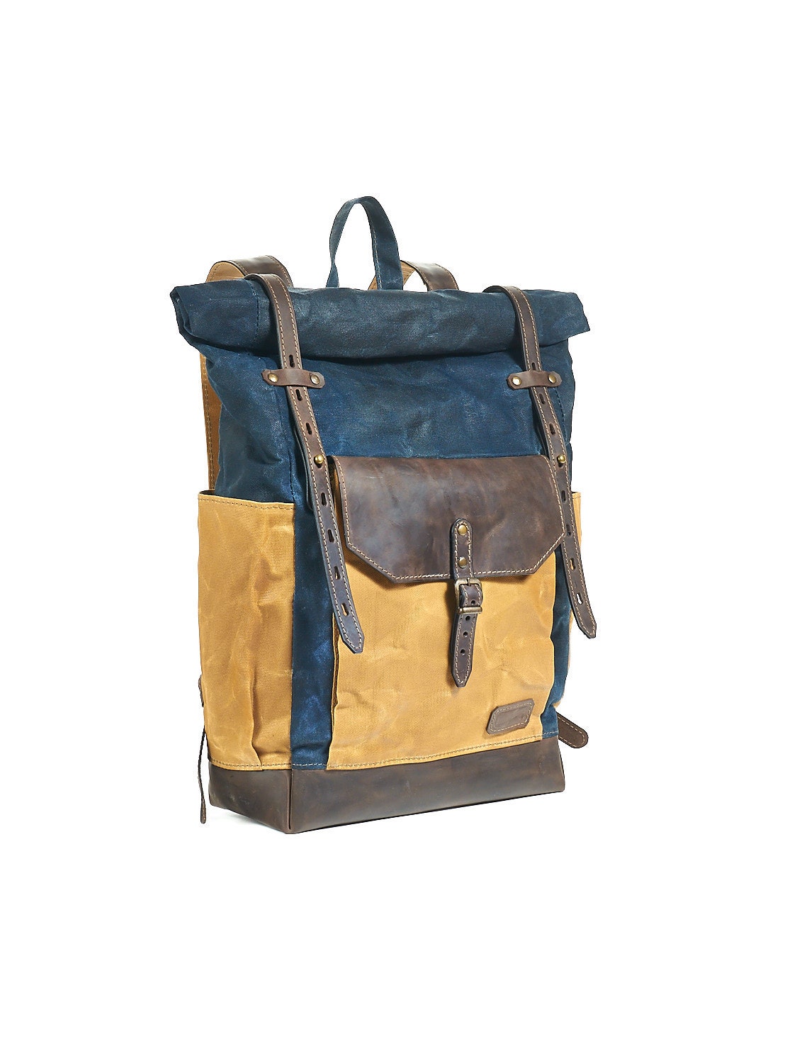 Navy blue waxed canvas backpack. Hipster backpack. Leather