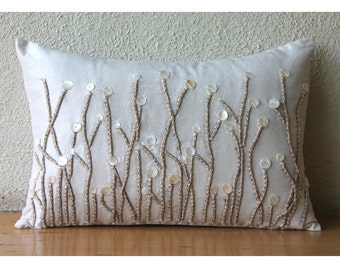 Decorative Oblong / Lumbar Pillow Covers Accent Pillows Couch Sofa Pillow Case 12x16 Silk Pillow Cover Pearl & Jute Embroidered - Amour