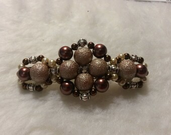 Beaded Barrette, Quad Design, BrownPearl1