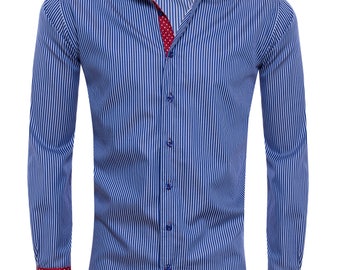 Giorgio Capone Men's shirt, 100% cotton, blue-white striped, collar with 3 fabrics, Slim & Regular