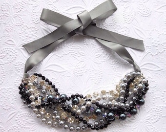 Chunky Pearl Necklace, Rhinestone Pearl Necklace, Bridal Necklace, Pearl Statement Necklace with Ribbon