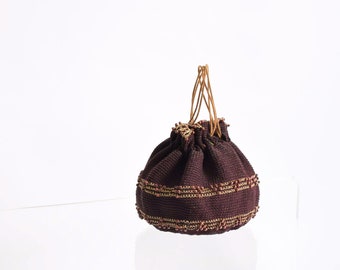 1930s Crochet Drawstring Pouch Purse with Tortoise Celluloid Base 30s Vintage