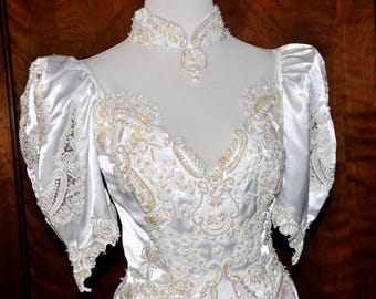 White Vintage Beaded Sequin Bridal Gown, White Beaded Wedding Gown, Beaded Sequin Bride Gown, White Pearl Beaded Vintage Bridal Gown
