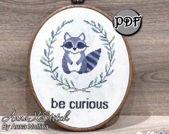 Be curious raccoon cross stitch pattern pdf - Baby embroidery pattern - Cross stitch pattern modern - Cross stitch funny - Raccoon wall art