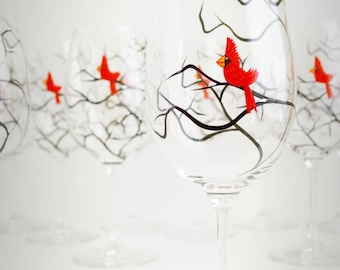 Red Cardinals Wine Glasses - Set of 4 Hand Painted Christmas Cardinal Glasses