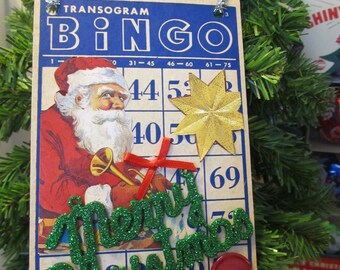 Vintage Christmas Santa Altered Bingo Card Holiday Decoration Ornament Accent Door hanger Retro