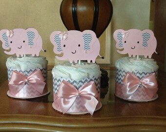Baby girl diaper cake/Girl diaper cake set/Elephant diaper cake/ Elephant baby shower centerpieces/ gift Pink and grey diaper cake