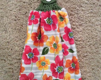 Crochet Top Towel - Flowers - Stripes - Hanging Kitchen Towel - Double and Reversible