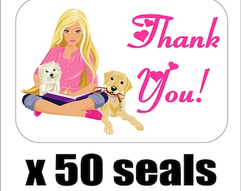 50 Barbie Thank You Envelope Seals / Labels / Stickers, 1" by 1.5"
