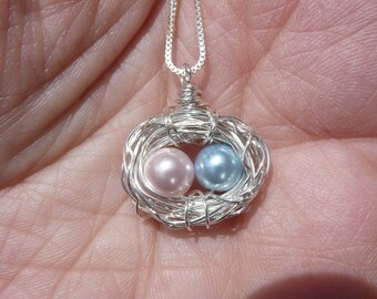 Boy and Girl Birds Nest Necklace Sterling Silver