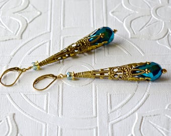 Victorian Art Nouveau Boho Earrings TEAL Teardrop Filigree Tussie Mussie 14kt Gold Filled Woman's Birthday Anniversary Romantic Gift for Her
