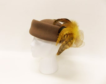 Vintage Mid Century Hat--- 1970's Pillbox Style Hat with Lush Gold Feather Trim