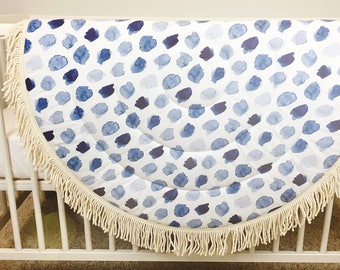 Baby Play Mat - MADE TO ORDER - Navy Blue Indigo Dots / Blue Round Fringe Play Mat / Padded Playmat / Tummy Time Mat / Baby Activity Mat