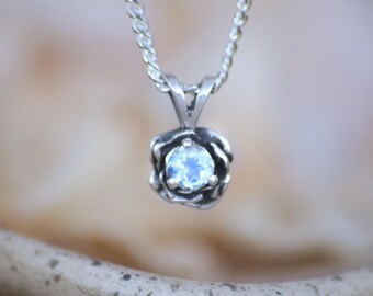 Rainbow Moonstone Layering Necklace - Sterling Silver Rose Necklace - Dainty Necklace - Flower Necklace - Moonstone Solitaire Necklace