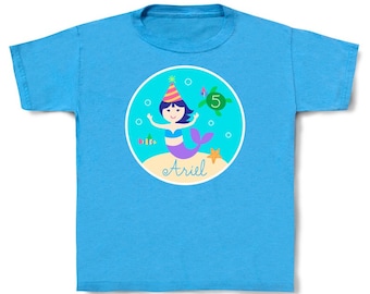 Personalized Kids Mermaid Birthday Cotton T-shirt in Toddler and Youth Sizes, Mermaid girls birthday shirt, ocean toddler shirt w/ kids name