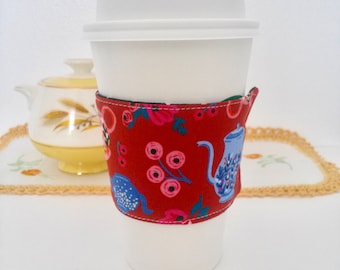 Coffee Cozy, Coffee sleeve, Coffee Cup Cozy, Alice In Wonderland Coffee Cozy, Red Coffee Cup Cozies, Fabric Coffee Cozy