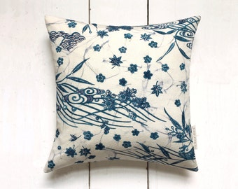 Decorative Blue and White Japanese Vintage Kimono Silk Fabric Floral Cushion Pillow 'Blossoms and Stream'