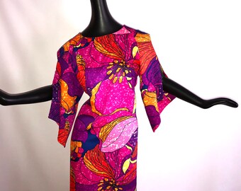Vintage 60s 70s Hawaiian Maxi Dress MOD 1960s Neon Pink Purple Orange Tiki Oasis Hukilau Tropical Luau or Hawaii Beach Wedding Medium Large