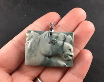 Horse Head Pendant Carved Ribbon Jasper Stone Jewelry Necklace