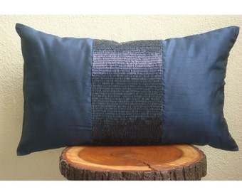 Decorative Oblong / Lumbar Rectangle Pillow Covers Accent Pillow Couch Bed Toss 12x16 Navy Silk Pillows Pipe Embroidered - Striking Navy