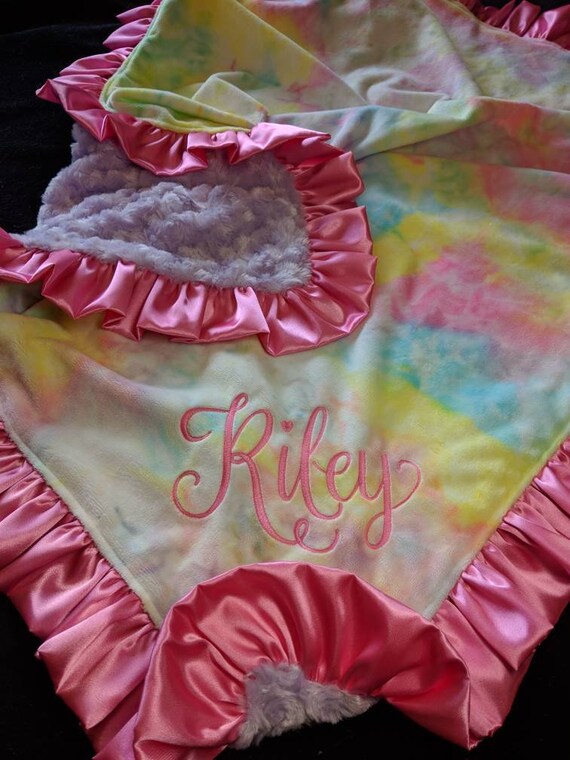 Tie Dye Minky Blanket in Pastel Colors with Embroidery and