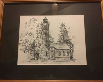 Pencil lighthouse sketch, framed and signed